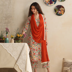 Khushal K Women Floral Printed Regular Pure Cotton White Kurta & Palazzo With Dupatta