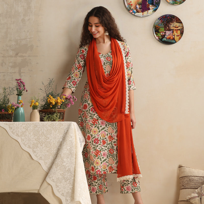Women Floral Printed Regular Pure Cotton White Kurta & Palazzo with Dupatta - Khushal K - Image 7