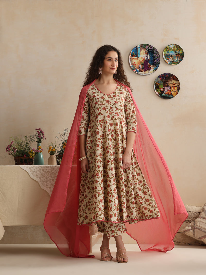 Khushal K Women Floral Cream Printed Regular Pure Cotton Kurta & Palazzo With Dupatta