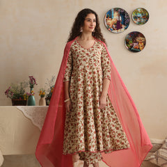 Khushal K Women Floral Cream Printed Regular Pure Cotton Kurta & Palazzo With Dupatta