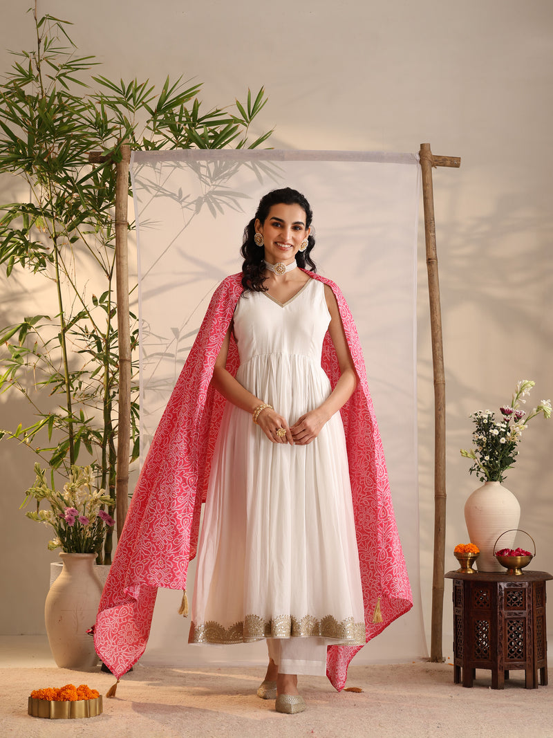 Khushal K Women Cotton Kurta and Palazzo With Dupatta Set - White