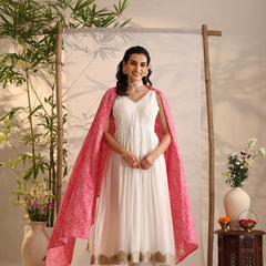 Khushal K Women Cotton Kurta and Palazzo With Dupatta Set - White