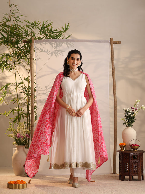 Khushal K Women Cotton Kurta and Palazzo With Dupatta Set - White
