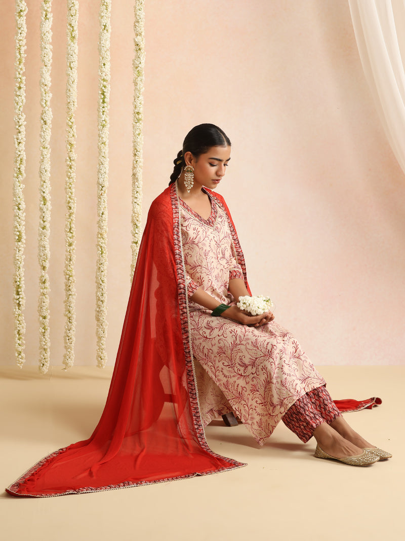 Ethnic Motifs Printed Round Neck Gotta Patti Kurta With Trousers & Dupatta
