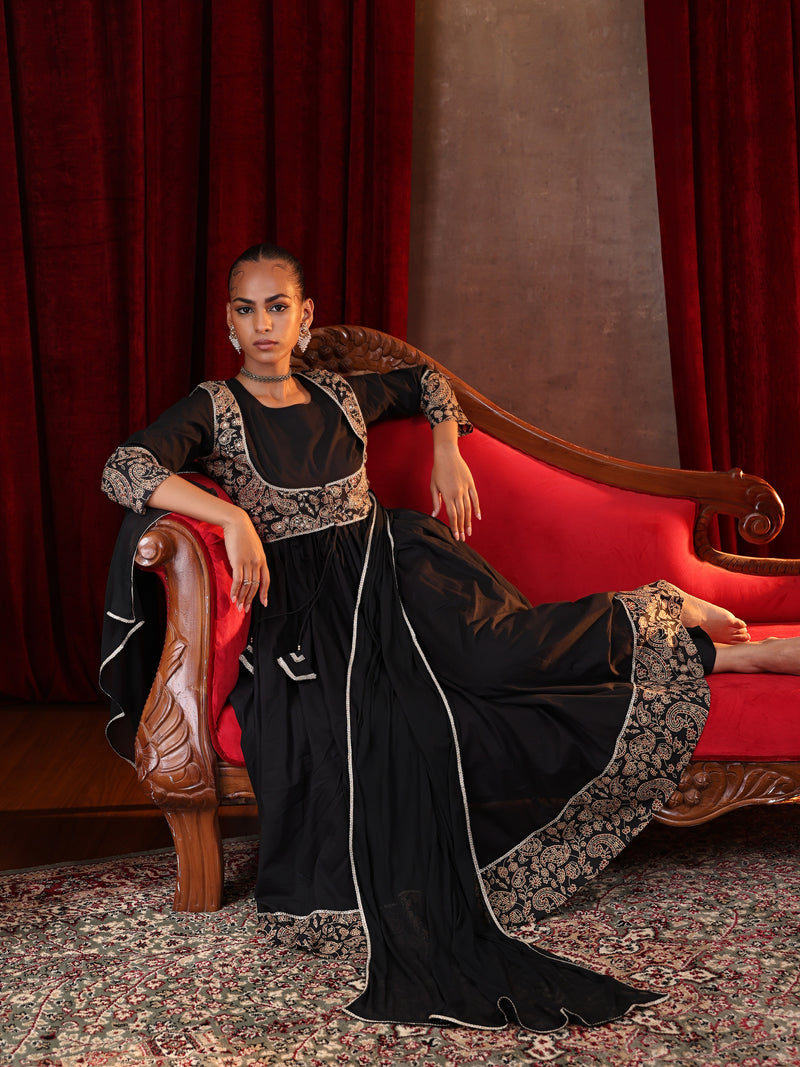 Khushal K Women Cotton kurta and palazzo with dupatta set - Black
