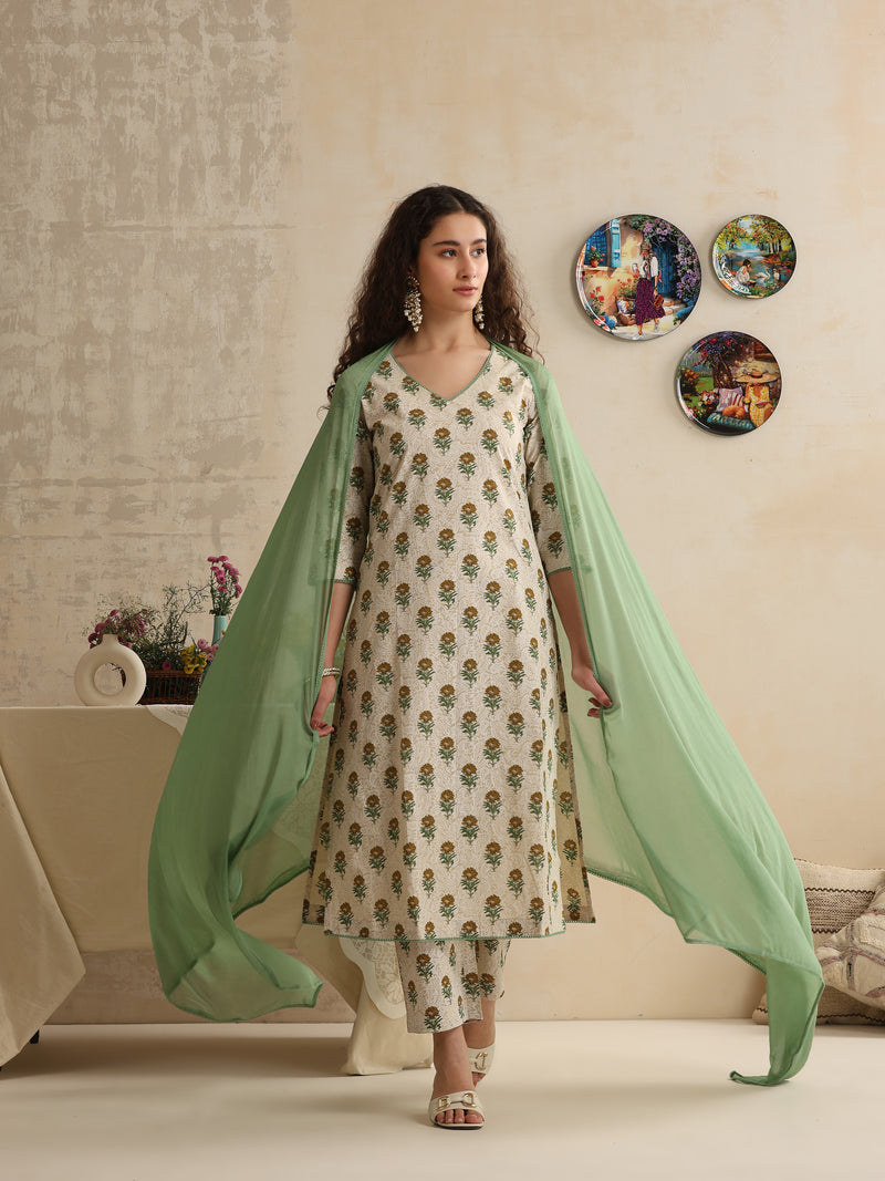 Khushal K Women Floral Printed Regular Pure Cotton Cream Kurta & Palazzo With Dupatta