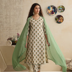 Khushal K Women Floral Printed Regular Pure Cotton Cream Kurta & Palazzo With Dupatta