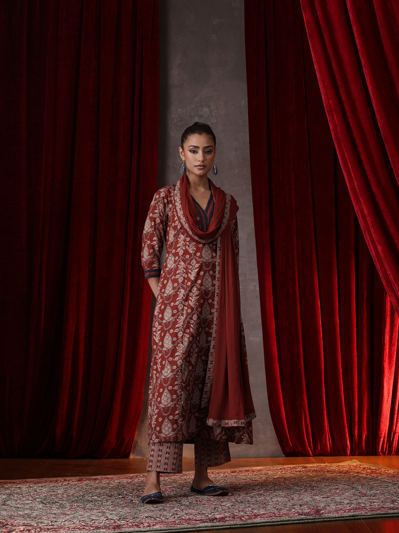 Khushal K Women Cotton kurta and palazzo with dupatta set - Rust