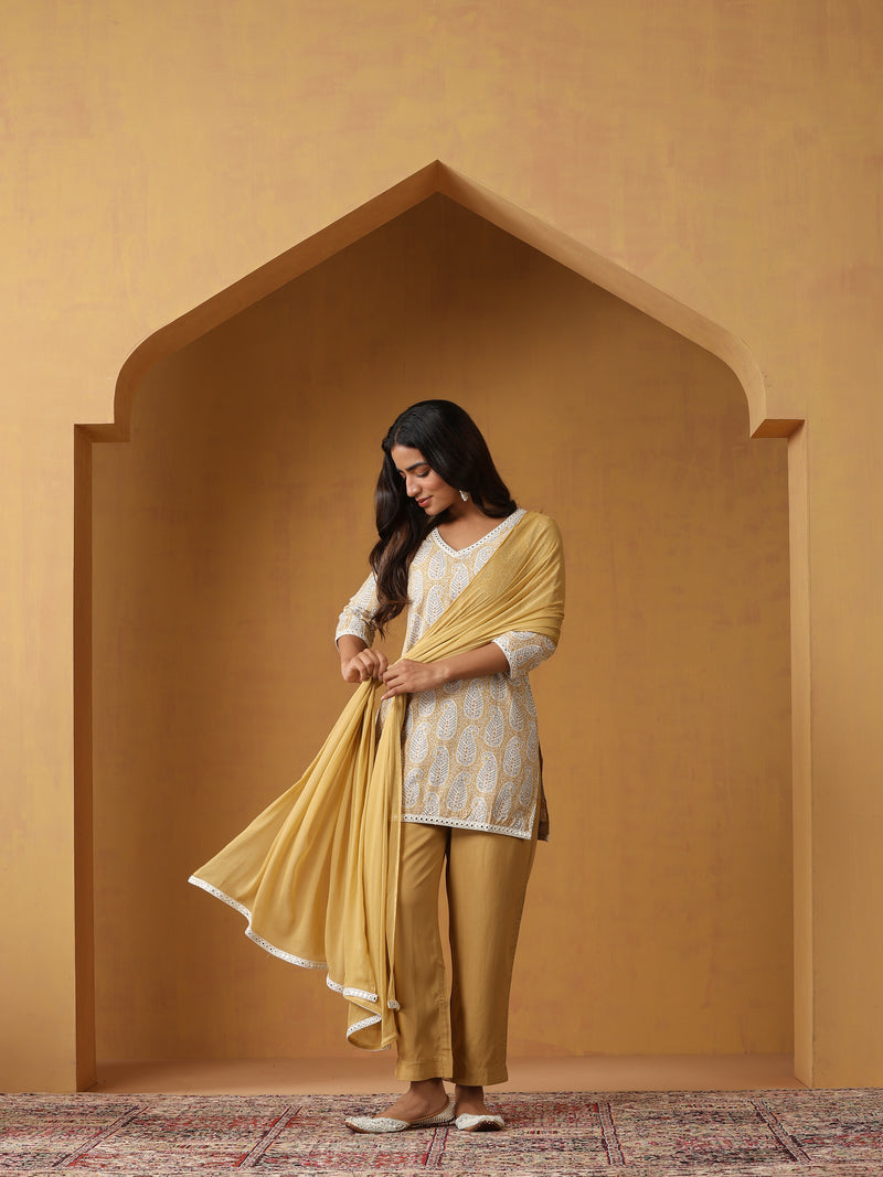 Paisley Printed Pure Cotton Straight Kurta With Palazzo And Dupatta
