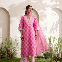 Khushal K Women Cotton Kurta And Palazzo With Dupatta Set - Pink
