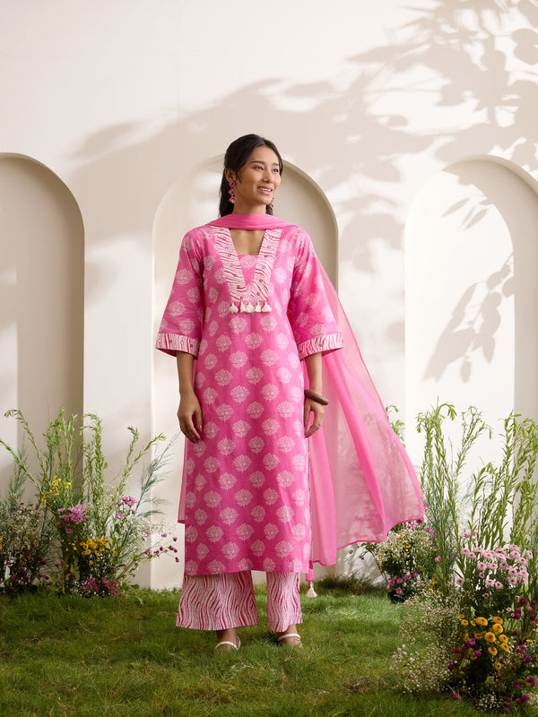 Khushal K Women Cotton Kurta And Palazzo With Dupatta Set - Pink