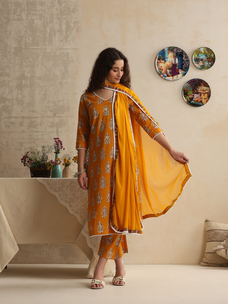 Khushal K Women Floral Printed Regular Pure Cotton Mustard Kurta & Palazzo With Dupatta