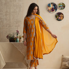 Khushal K Women Floral Printed Regular Pure Cotton Mustard Kurta & Palazzo With Dupatta