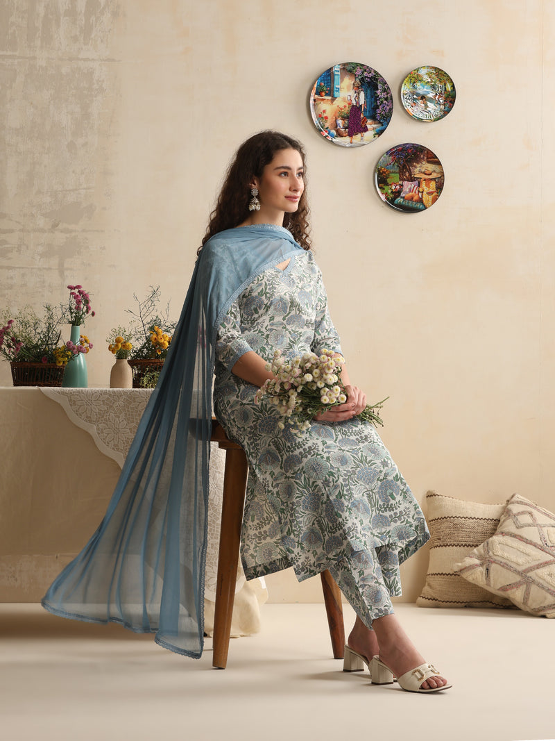 Khushal K Women Floral Printed Regular Pure Cotton Off-White Kurta & Palazzo With Dupatta