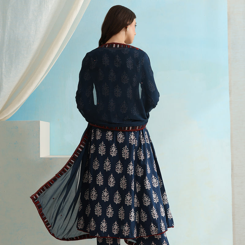 Ethnic Motifs Printed V-Neck Pure Cotton A-Line Kurta with Palazzos & Dupatta - Blue - Khushal K - Image 7