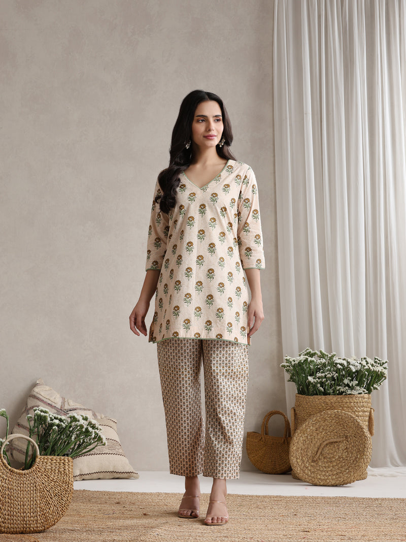 Floral Printed Cotton V-Neck Tunic With Trouser Co-Ords