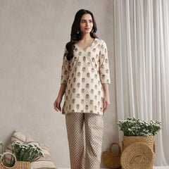 Floral Printed Cotton V-Neck Tunic With Trouser Co-Ords