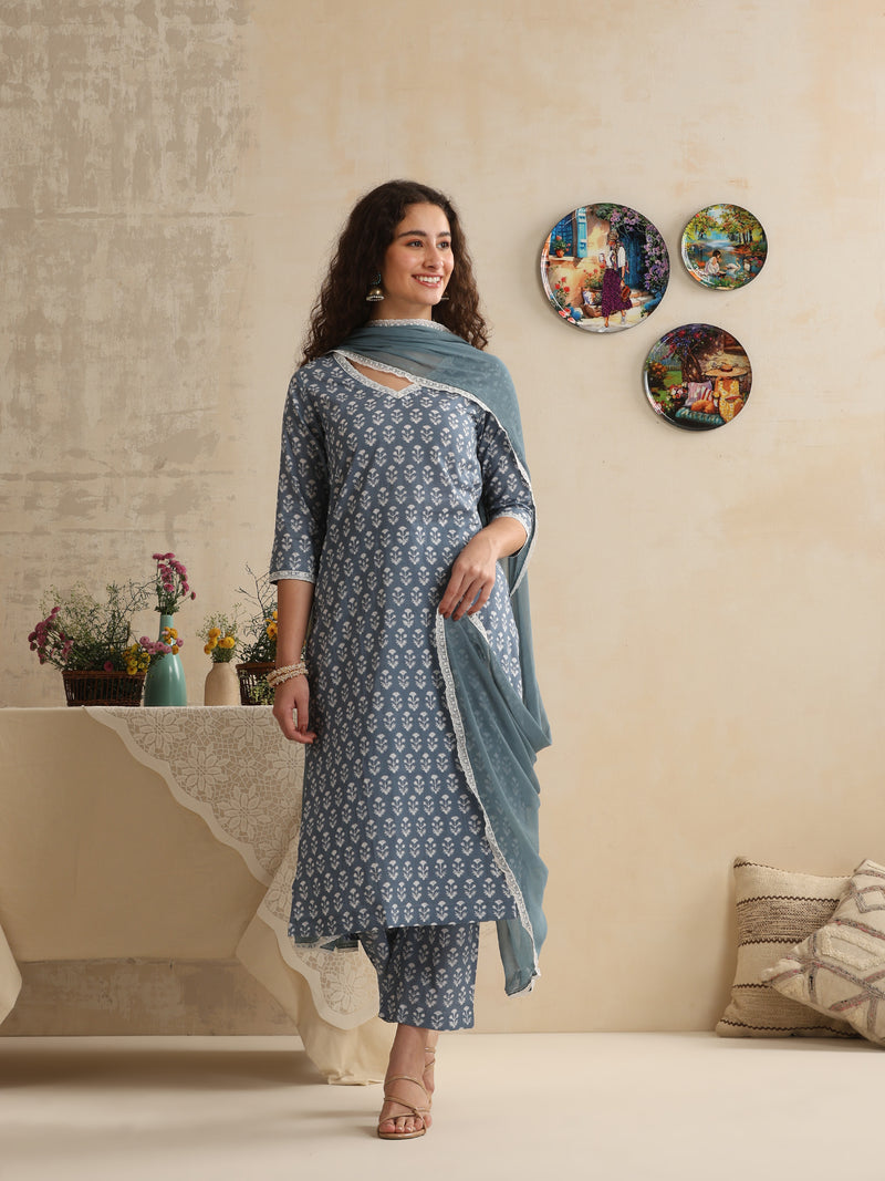Khushal K Women Blue Floral Printed Regular Pure Cotton Kurta & Palazzo With Dupatta