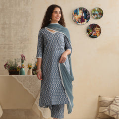 Khushal K Women Blue Floral Printed Regular Pure Cotton Kurta & Palazzo With Dupatta