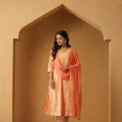 Geometric Printed Pure Cotton Straight Kurta With Palazzo And Dupatta