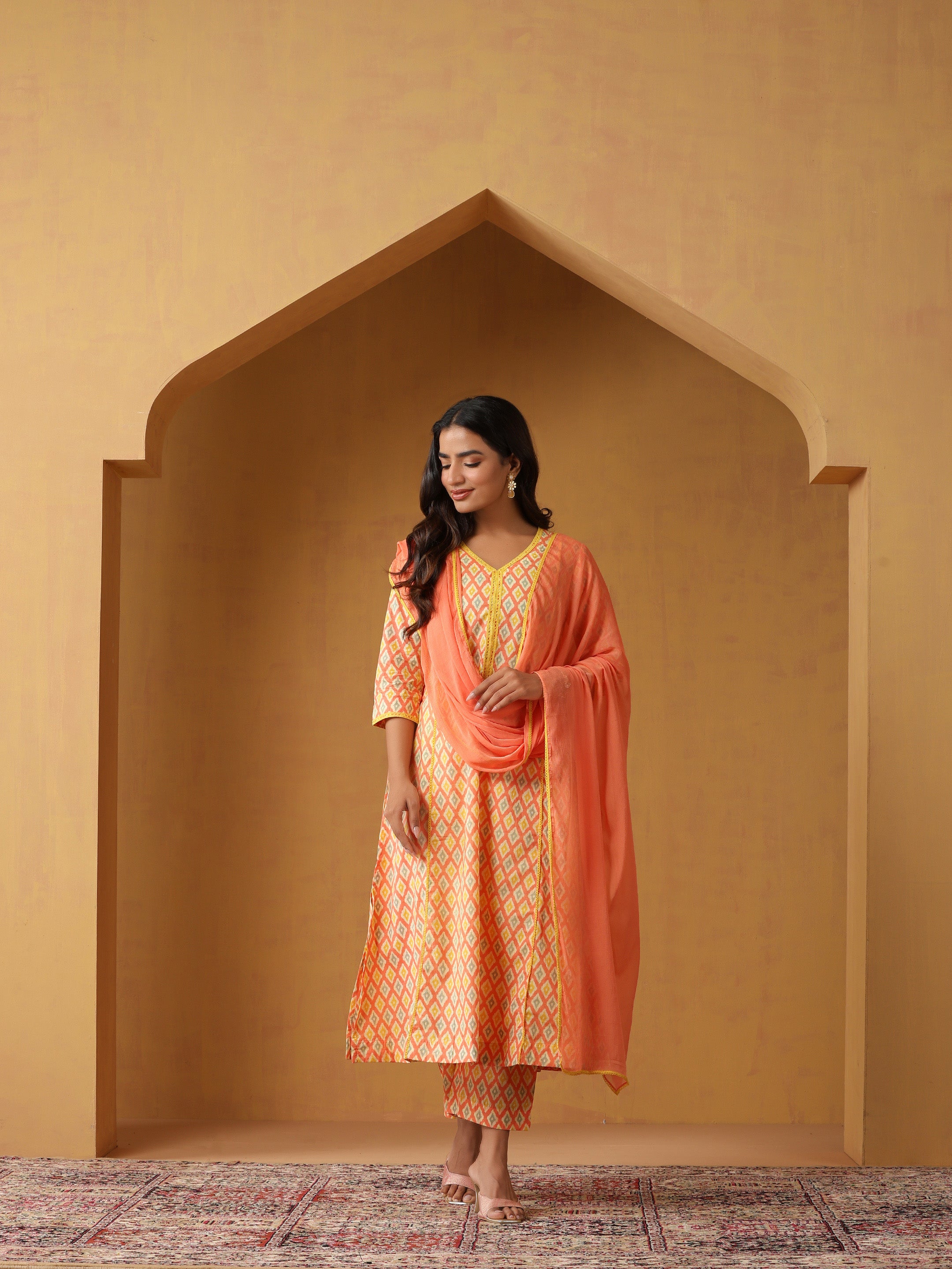 Geometric Printed Pure Cotton Straight Kurta With Palazzo And Dupatta