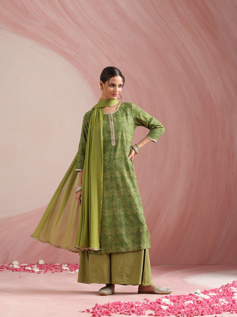 Ethnic Motifs Printed Round Neck Thread Work Kurta With Palazzos & Dupatta