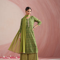 Ethnic Motifs Printed Round Neck Thread Work Kurta With Palazzos & Dupatta