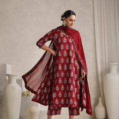 Floral Printed V-Neck A-Line Pure Cotton Kurta with Palazzos & With Dupatta
