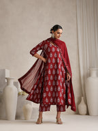 Floral Printed V-Neck A-Line Pure Cotton Kurta with Palazzos & With Dupatta