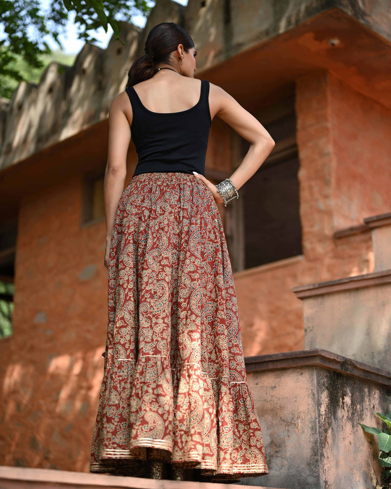 Khushal K Women's Rust Printed Cotton Flared Maxi Skirt
