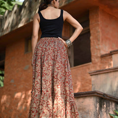 Khushal K Women's Rust Printed Cotton Flared Maxi Skirt