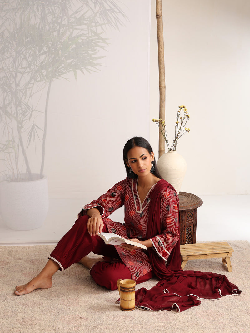 Khushal K Women Cotton kurti and Afghani Salwar with dupatta set - Maroon