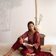 Khushal K Women Cotton kurti and Afghani Salwar with dupatta set - Maroon