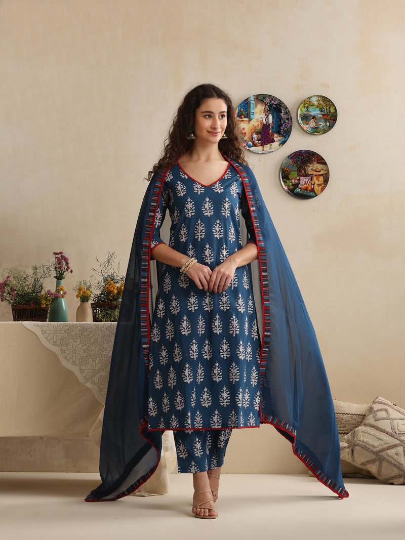 Khushal K Women Floral Printed Regular Pure Cotton Blue Kurta & Palazzo With Dupatta