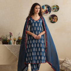Khushal K Women Floral Printed Regular Pure Cotton Blue Kurta & Palazzo With Dupatta