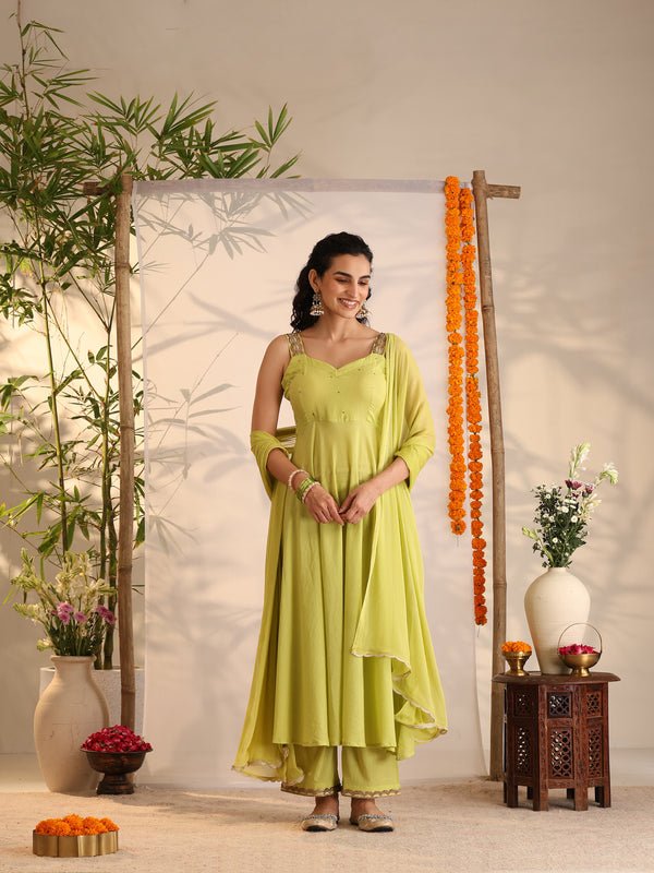 Khushal K Women Cotton Kurta and Palazzo With Dupatta Set - Green