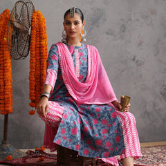 Khushal K Women Cotton Kurta Palazzo Dupatta Set - Blue