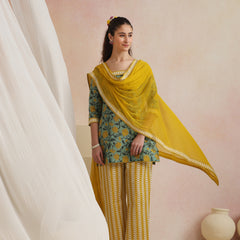 Khushal K Women Cotton Kurta Palazzo Dupatta Set - Green