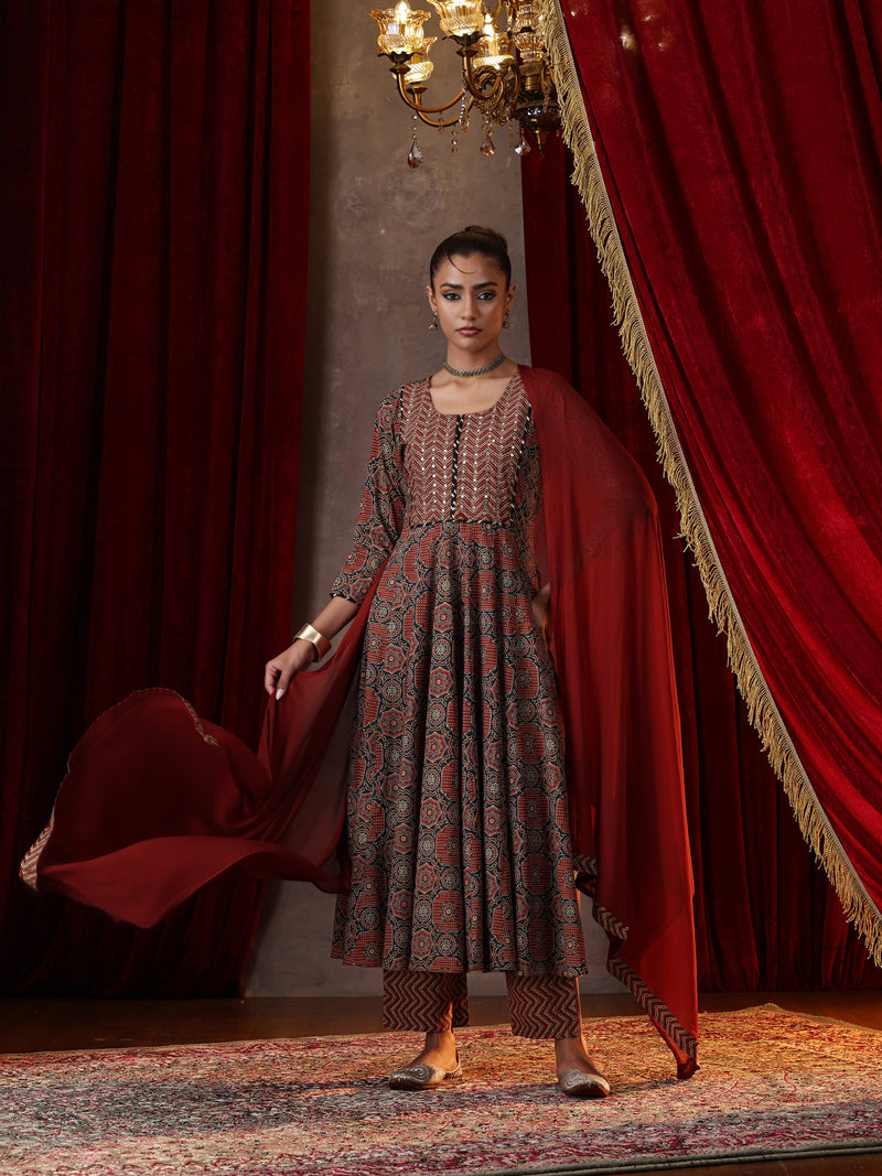 Khushal K Women Cotton kurta and palazzo with dupatta set - Rust