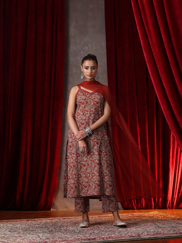 Khushal K Women Cotton kurta and palazzo with dupatta set - Rust