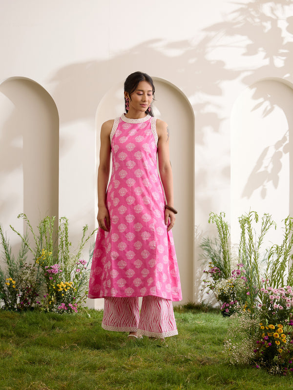 Khushal K Women Cotton Kurta With Palazzo Set - Pink