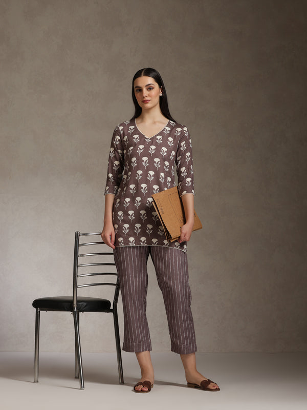 Floral Printed V-Neck Cotton Cord Set