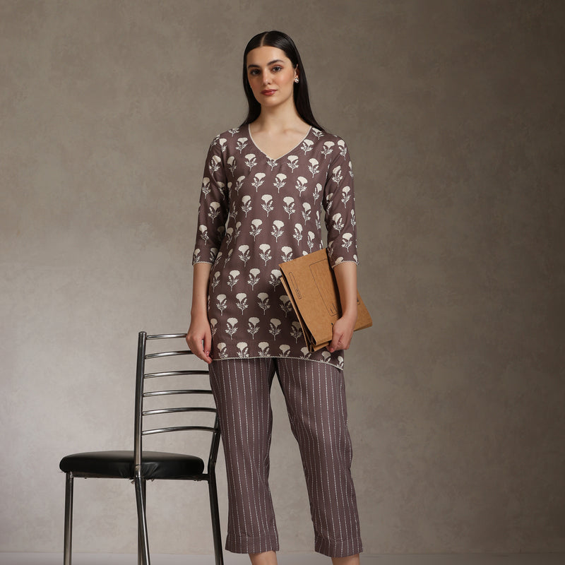 Floral Printed V-Neck Cotton Co-Ord Set - Brown - Khushal K - Image 7