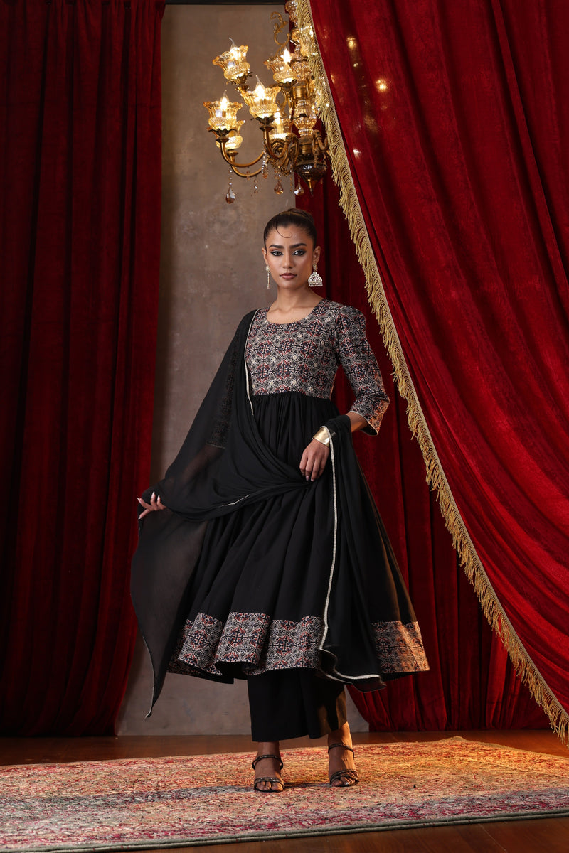 Khushal K Women Cotton kurta and palazzo with dupatta set - Black
