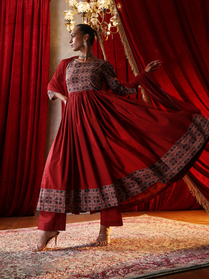 Khushal K Women Cotton kurta and palazzo with dupatta set - Rust