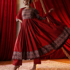 Khushal K Women Cotton kurta and palazzo with dupatta set - Rust