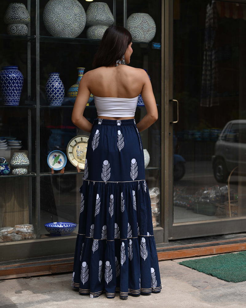 Khushal K Women's Blue Printed Cotton Flared Maxi Skirt