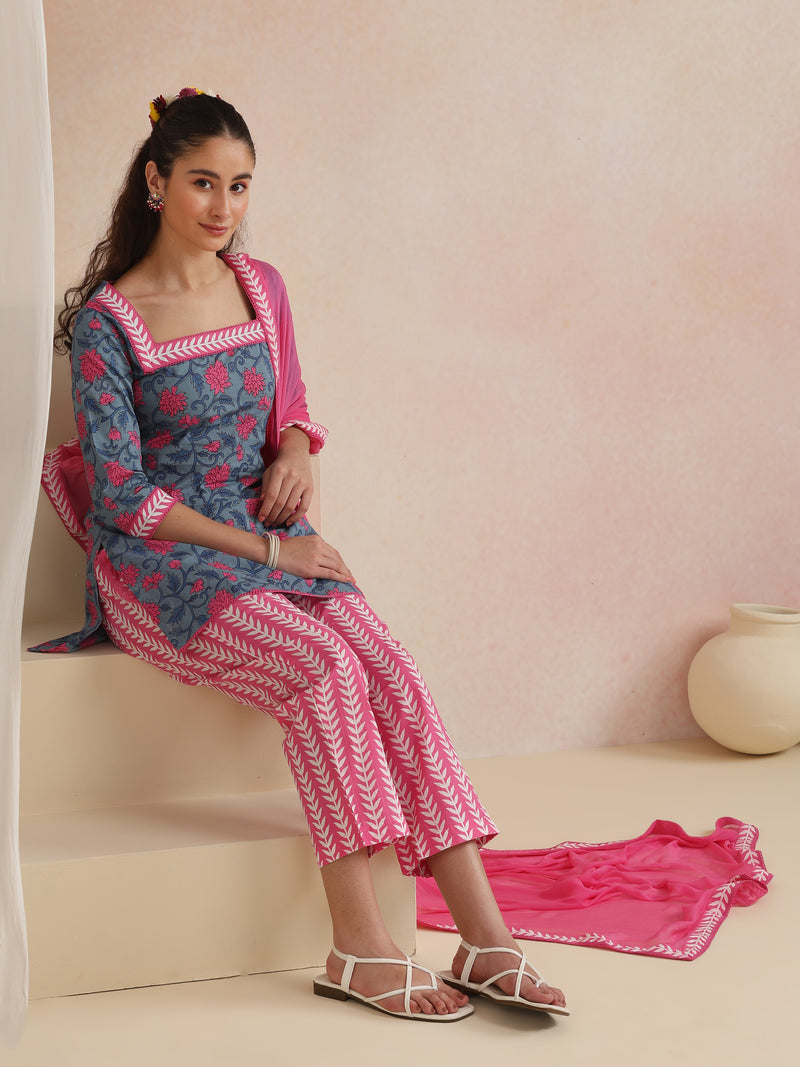 Khushal K Women Cotton Kurta Palazzo Dupatta Set - Blue