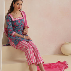 Khushal K Women Cotton Kurta Palazzo Dupatta Set - Blue