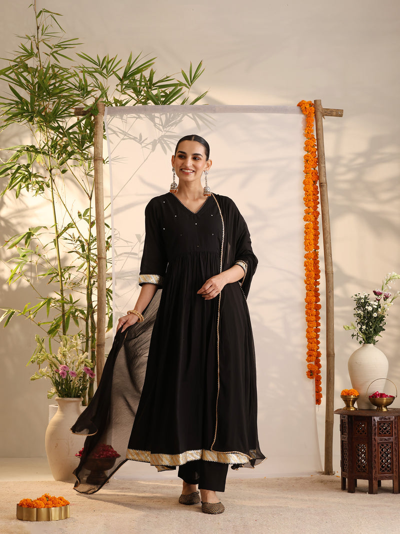 Khushal K Women Cotton Kurta and Palazzo With Dupatta Set - Black